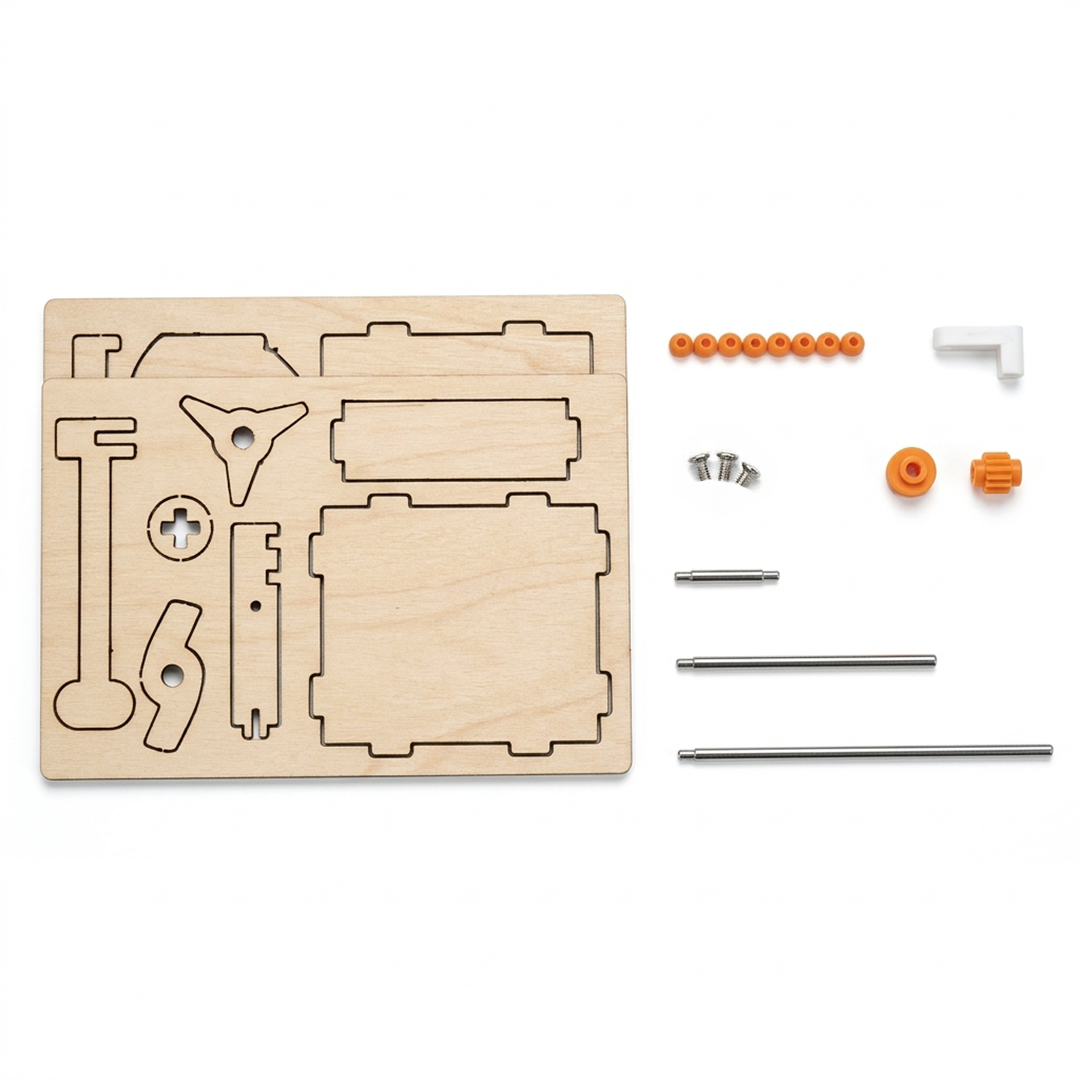 The Whack-a-Mole kit as supplied, with four laser-cut plywood sheets, shaft sleeves, screws, hubs, the rocker and three iron shafts