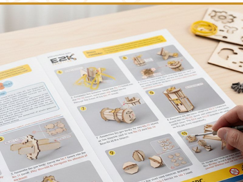 An E2K printed build manual open on a table beside the laser-cut sheets